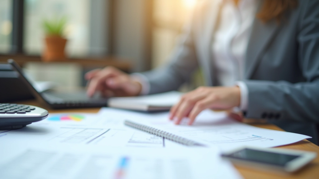 Účetní pracuje s účetními knihami, kalkulačkou a daňovými formuláři na pracovním stole v kancelářském prostředí