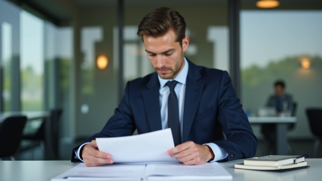 Muž v obchodním oblečení čtoucí daňové dokumenty