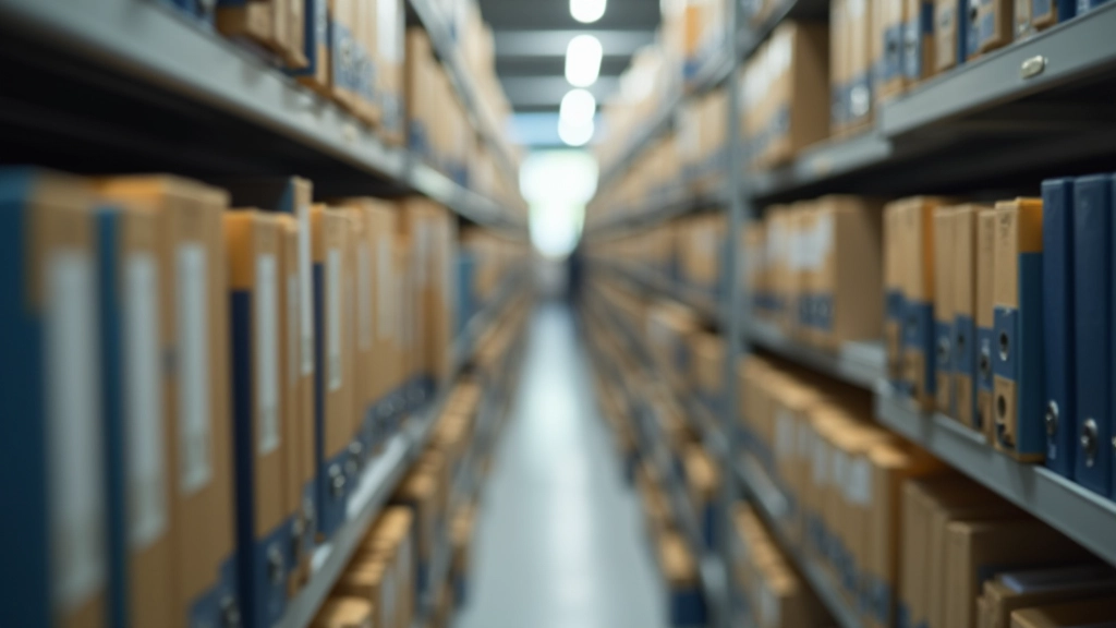 Archivované složky a dokumenty organizované na policích v moderním archivačním systému s jednotným osvětlením